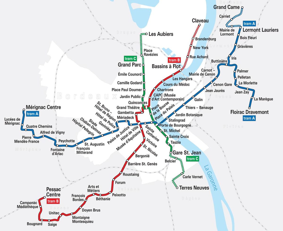 Bordeaux tram system ramani